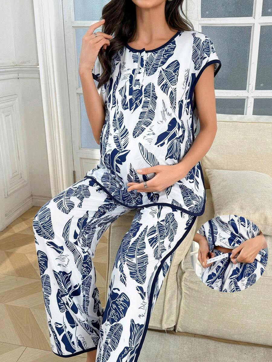 Shein - 2pcs Pregnant Women Leisure Leaf Print Short Sleeve Top And Pants Pajama Set