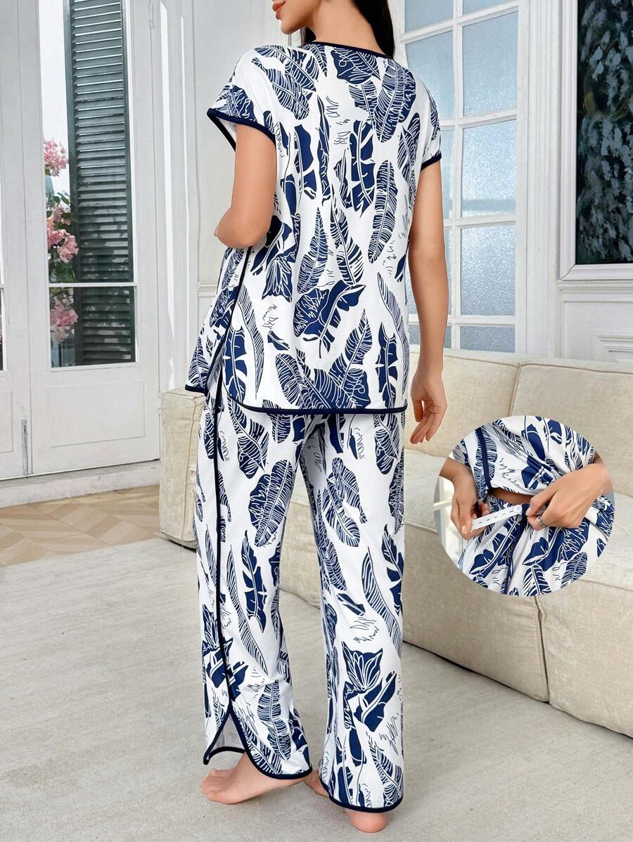 Shein - 2pcs Pregnant Women Leisure Leaf Print Short Sleeve Top And Pants Pajama Set