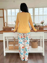 Shein - Women Floral Plant Printed Round Neck Short Sleeve Top And Pants Pajama Set, Fall Clothes