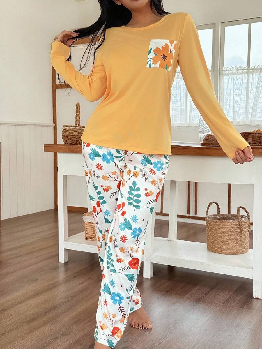 Shein - Women Floral Plant Printed Round Neck Short Sleeve Top And Pants Pajama Set, Fall Clothes
