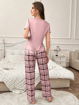 Shein - 2pcs Set Letter & Bow Print Short Sleeve Sleepwear And Plaid Lounge Pants Bowknot