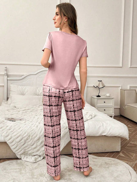 Shein - 2pcs Set Letter & Bow Print Short Sleeve Sleepwear And Plaid Lounge Pants Bowknot