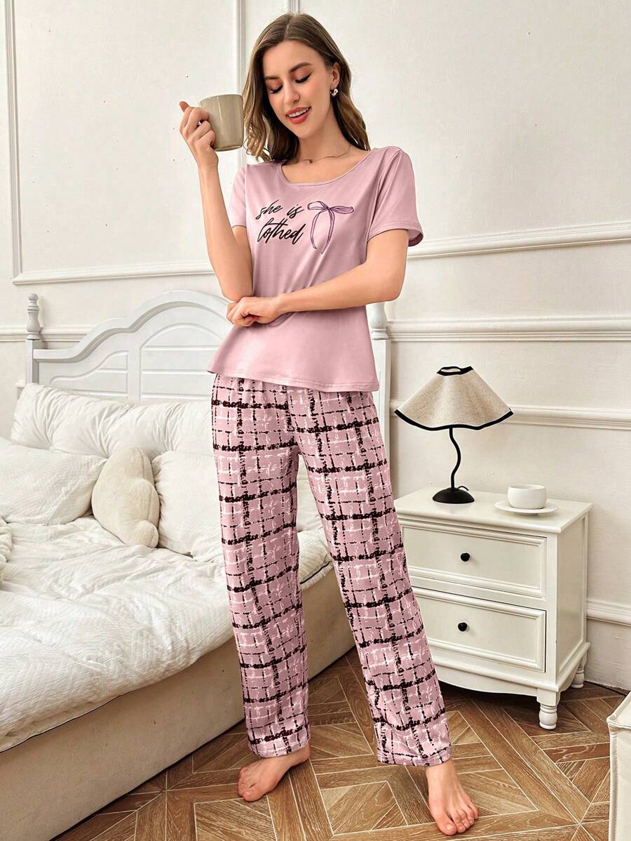 Shein - 2pcs Set Letter & Bow Print Short Sleeve Sleepwear And Plaid Lounge Pants Bowknot