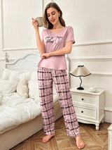 Shein - 2pcs Set Letter & Bow Print Short Sleeve Sleepwear And Plaid Lounge Pants Bowknot
