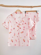 Shein - Faux Silk Cake & Ice Cream Printed Lapel Short Sleeve Pajama Set