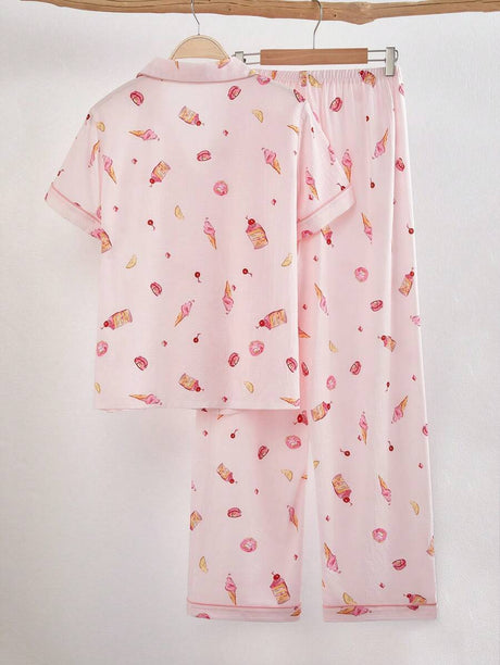 Shein - Faux Silk Cake & Ice Cream Printed Lapel Short Sleeve Pajama Set