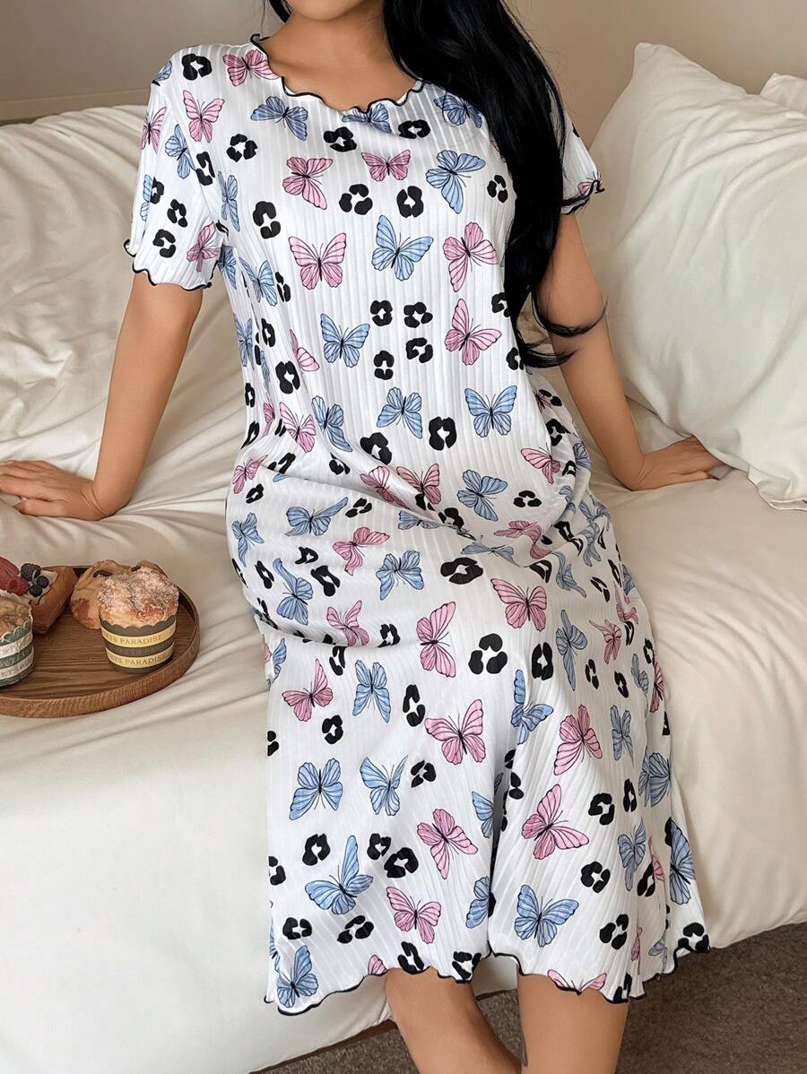Shein - Fully Allover Print Butterfly Rib-Knit Loose Short Sleeve Nightgown