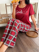 Shein - CoupledUp Plaid Print Color Block English Letter Casual Women Pajama Sets