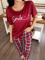 Shein - CoupledUp Plaid Print Color Block English Letter Casual Women Pajama Sets