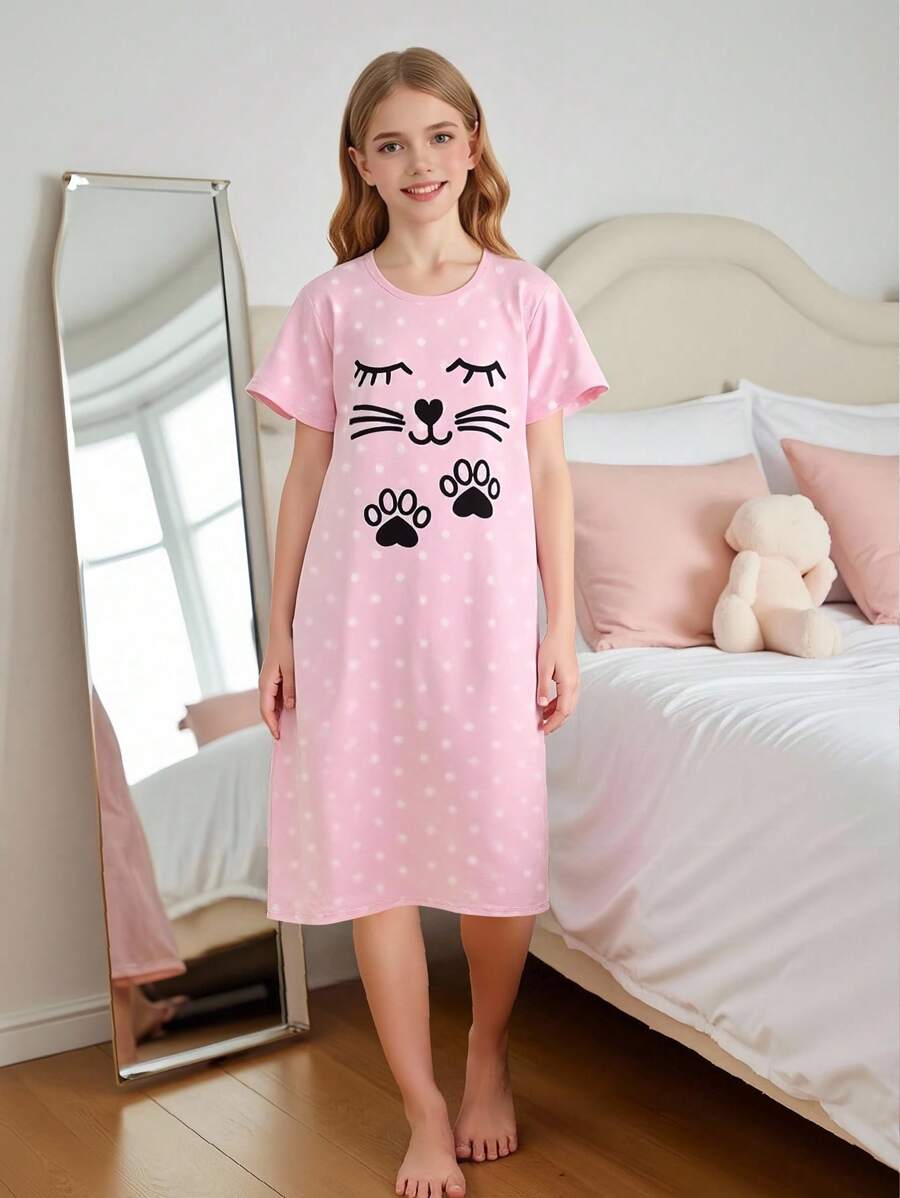 Shein - Girls' Cute Cat Polka Dot Print Short Sleeve Dress Sleepwear