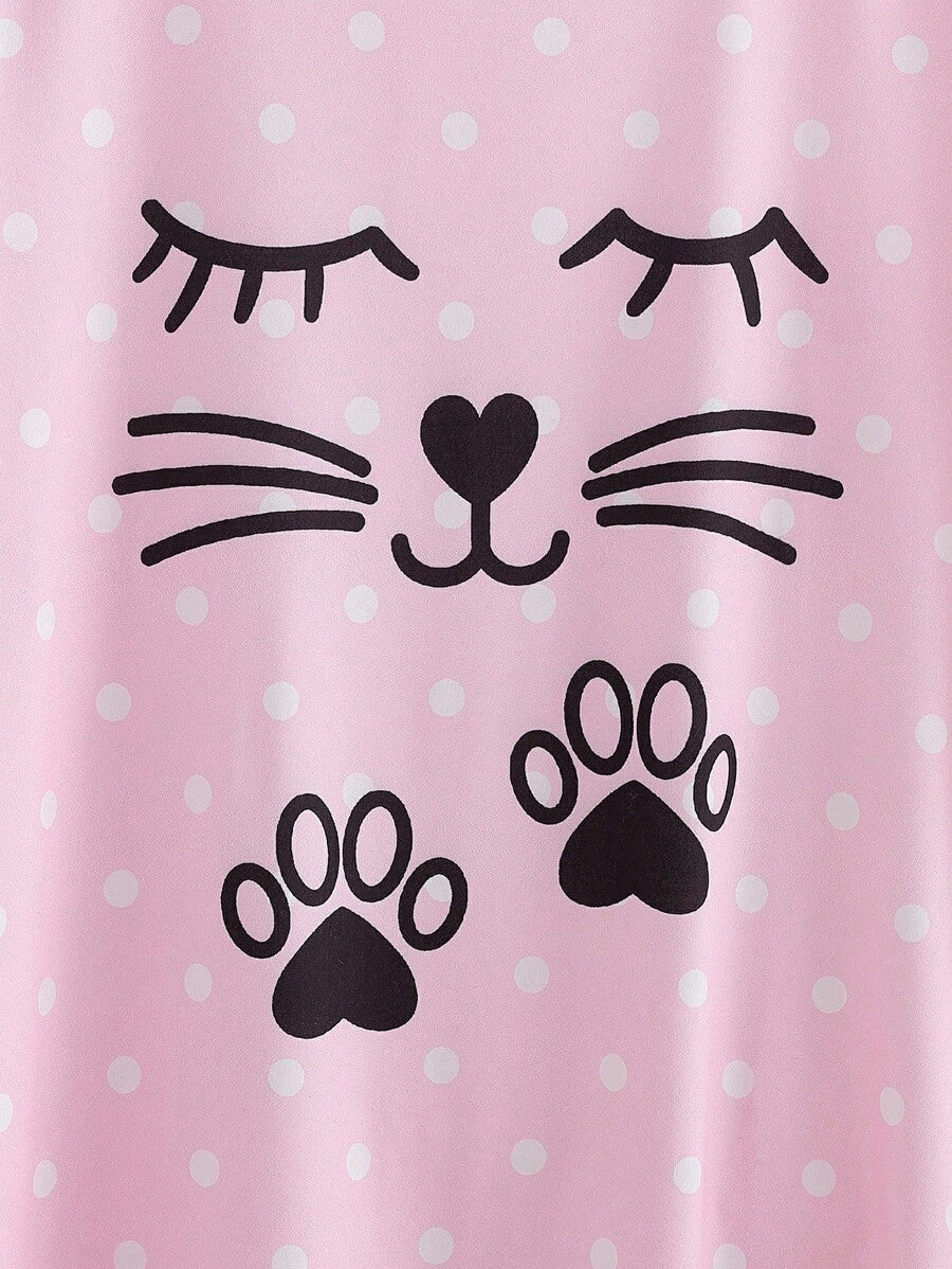 Shein - Girls' Cute Cat Polka Dot Print Short Sleeve Dress Sleepwear