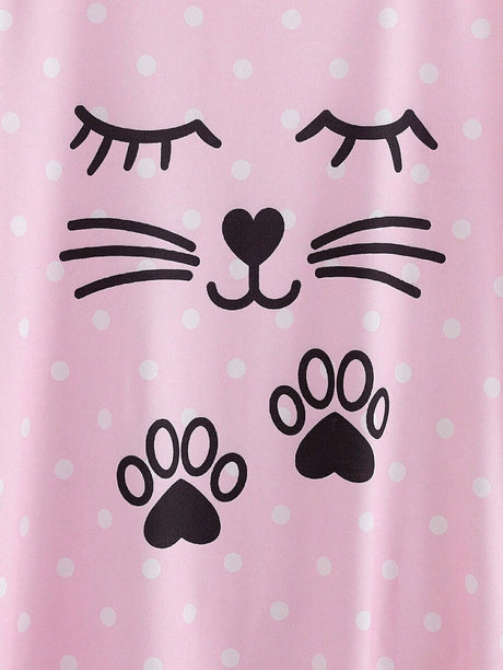 Shein - Girls' Cute Cat Polka Dot Print Short Sleeve Dress Sleepwear