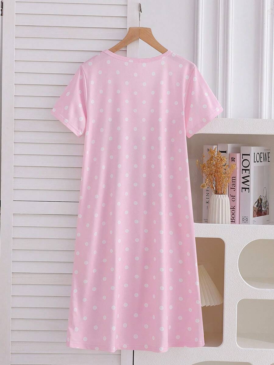 Shein - Girls' Cute Cat Polka Dot Print Short Sleeve Dress Sleepwear