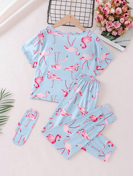 Shein - Tween Girl Casual 2pcs/Set Short Sleeve Round Neck T-Shirt And Long Pants, Flamingo Pattern