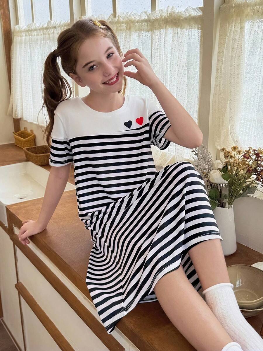 Shein - Casual Classic Striped Soft & Comfortable Girls/Juniors Sleepwear Nightgown