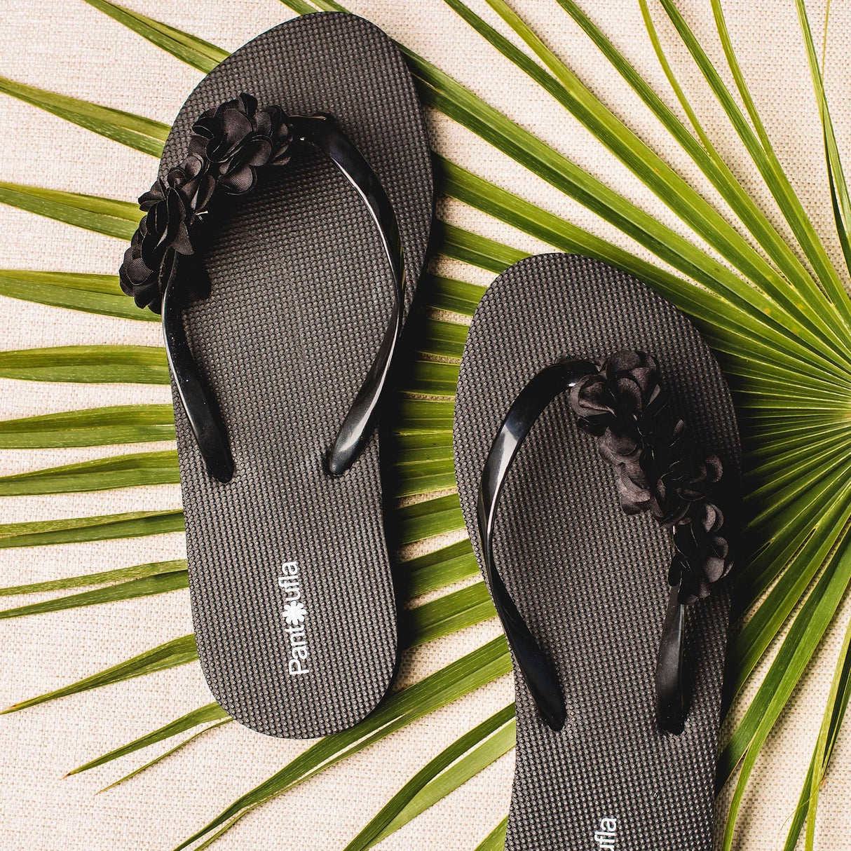 Pantofula -Summer Slipper Hand Made Flower Black