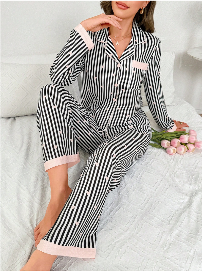 Striped Heart Collar Long Sleeve Pajama