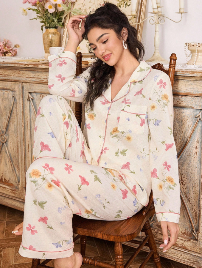 CottageSlumber Floral Print Lapel Long Sleeve Top &amp; Pants Soft Pajama
