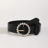 R-Shein - Elegant women's belt with round buckle with rhinestone beads, black casual for daily use with a hole puncher