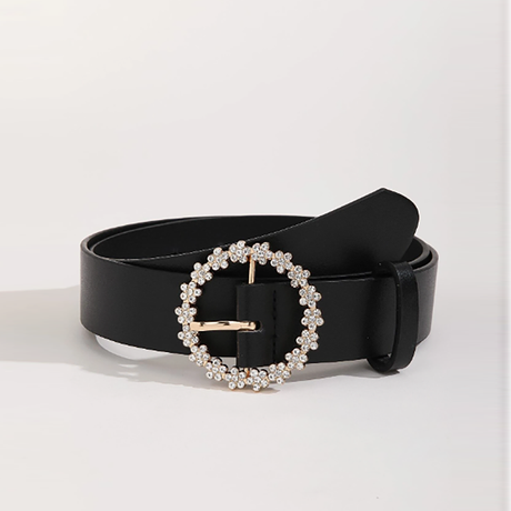 R-Shein - Elegant women's belt with round buckle with rhinestone beads, black casual for daily use with a hole puncher