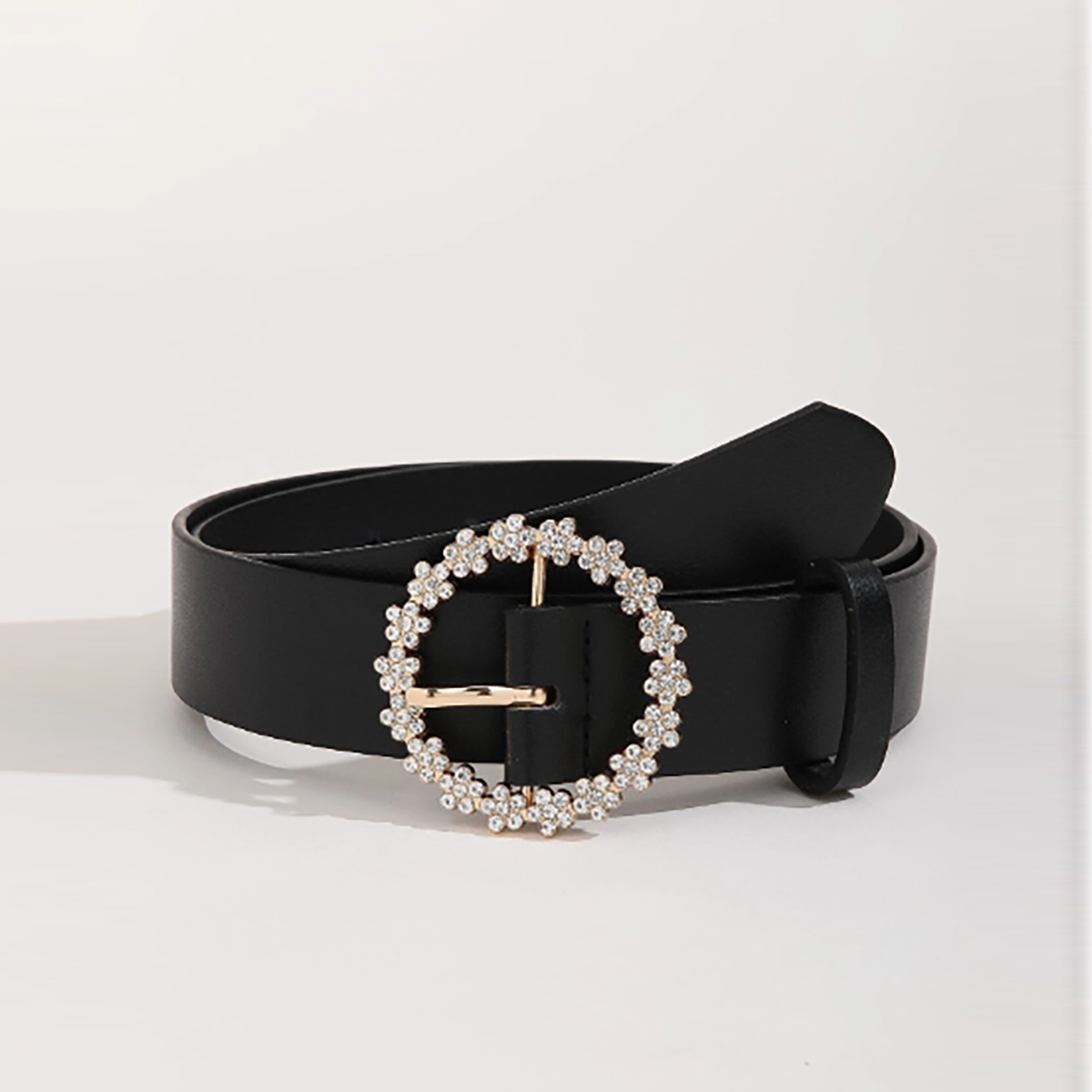 R-Shein - Elegant women's belt with round buckle with rhinestone beads, black casual for daily use with a hole puncher