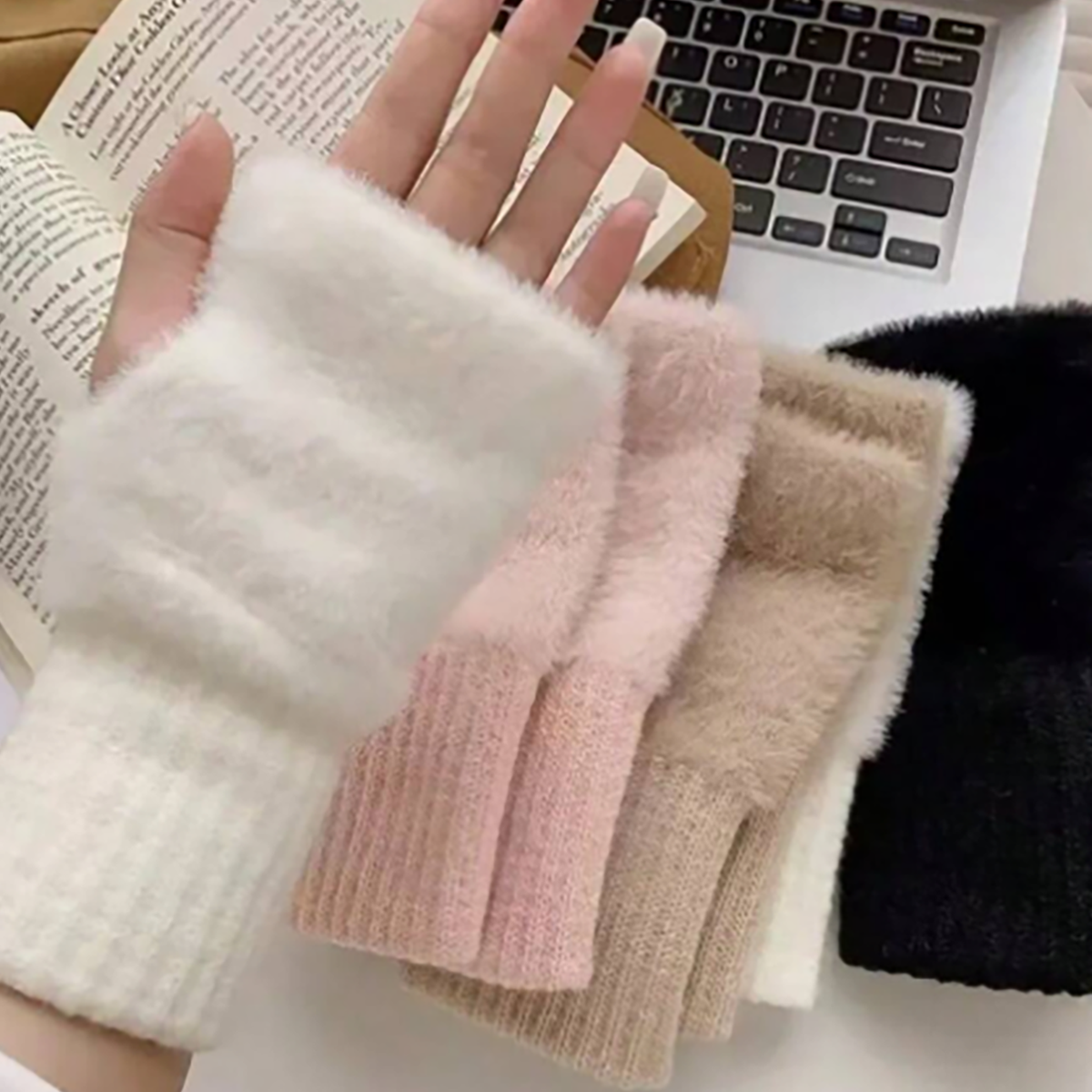 R-Shein - 2024 Women's Soft and Warm Rabbit Fur Half Finger Gloves, Solid Color Cashmere Gloves with Luxury Knitted Fabric Fingerless, Winter