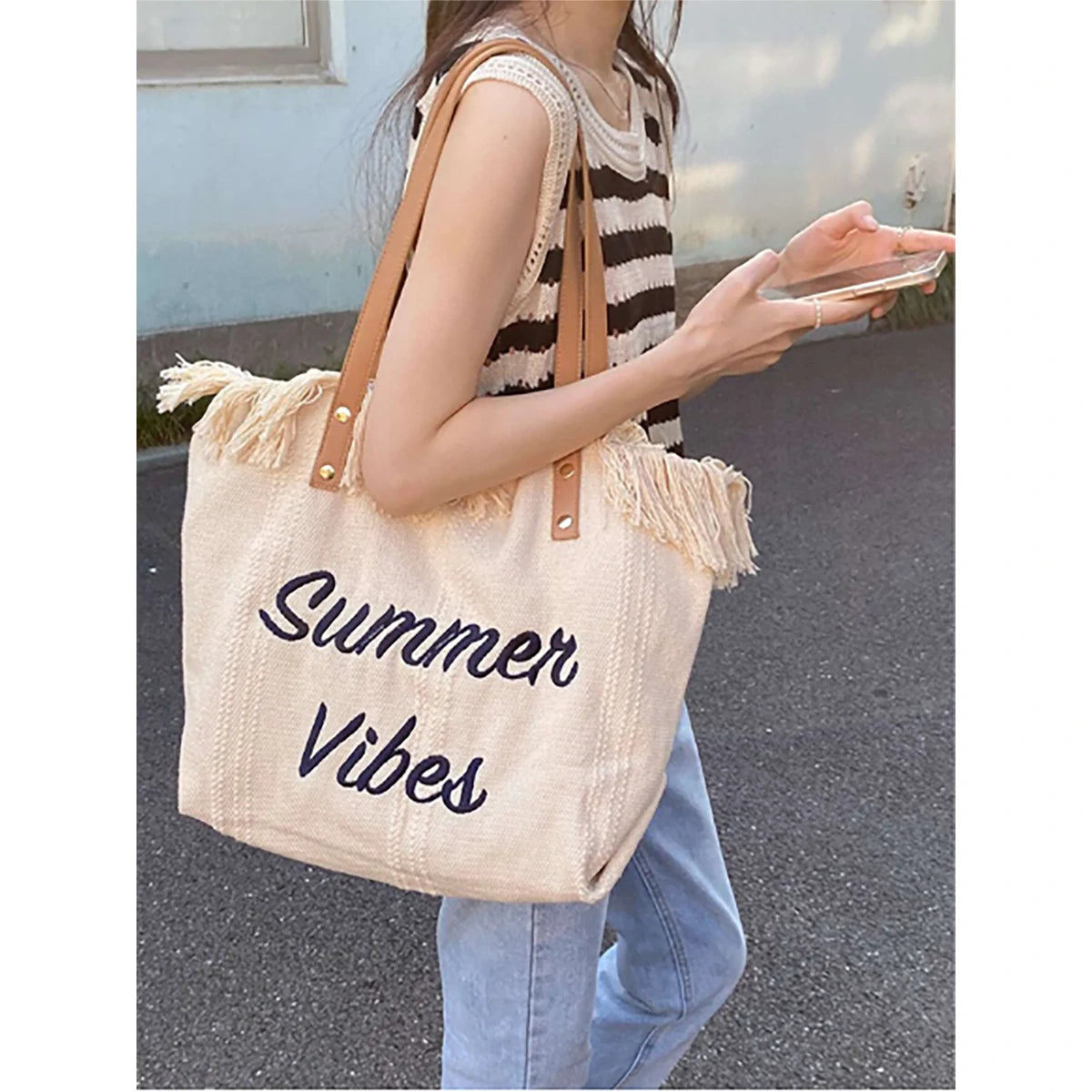 Shein - A black bag with letters and symbols decorated with fringed edges