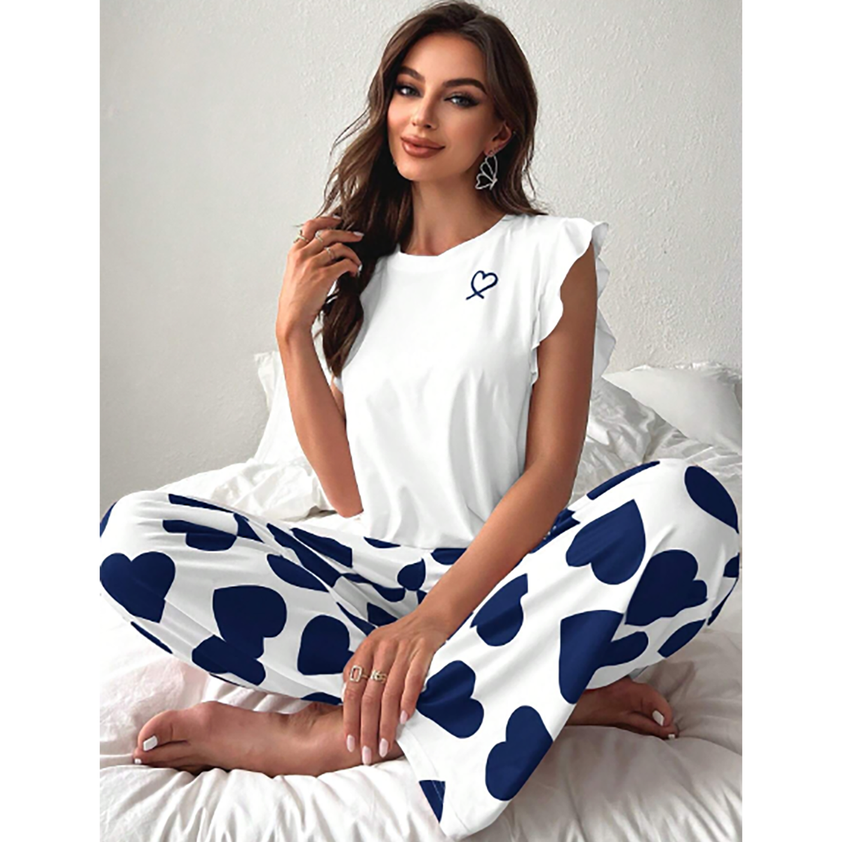 R-Shein - CoupledUp pajama set/sleepwear set with heart print and ruffle trimming