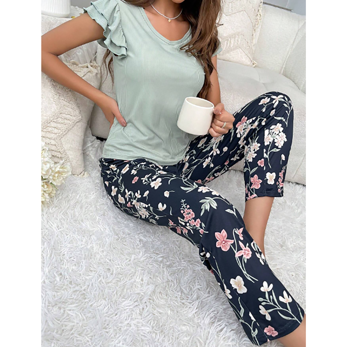 R-Shein - Pajama Set / Pajama set with ruffle skirt and floral print pants