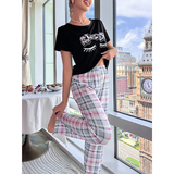 R-Shein - Pajama Set / Pajama set includes eyelash and letter graphic T-shirt and plaid print pants