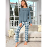 R-Shein - Long sleeve plaid trouser pajama set with letter print