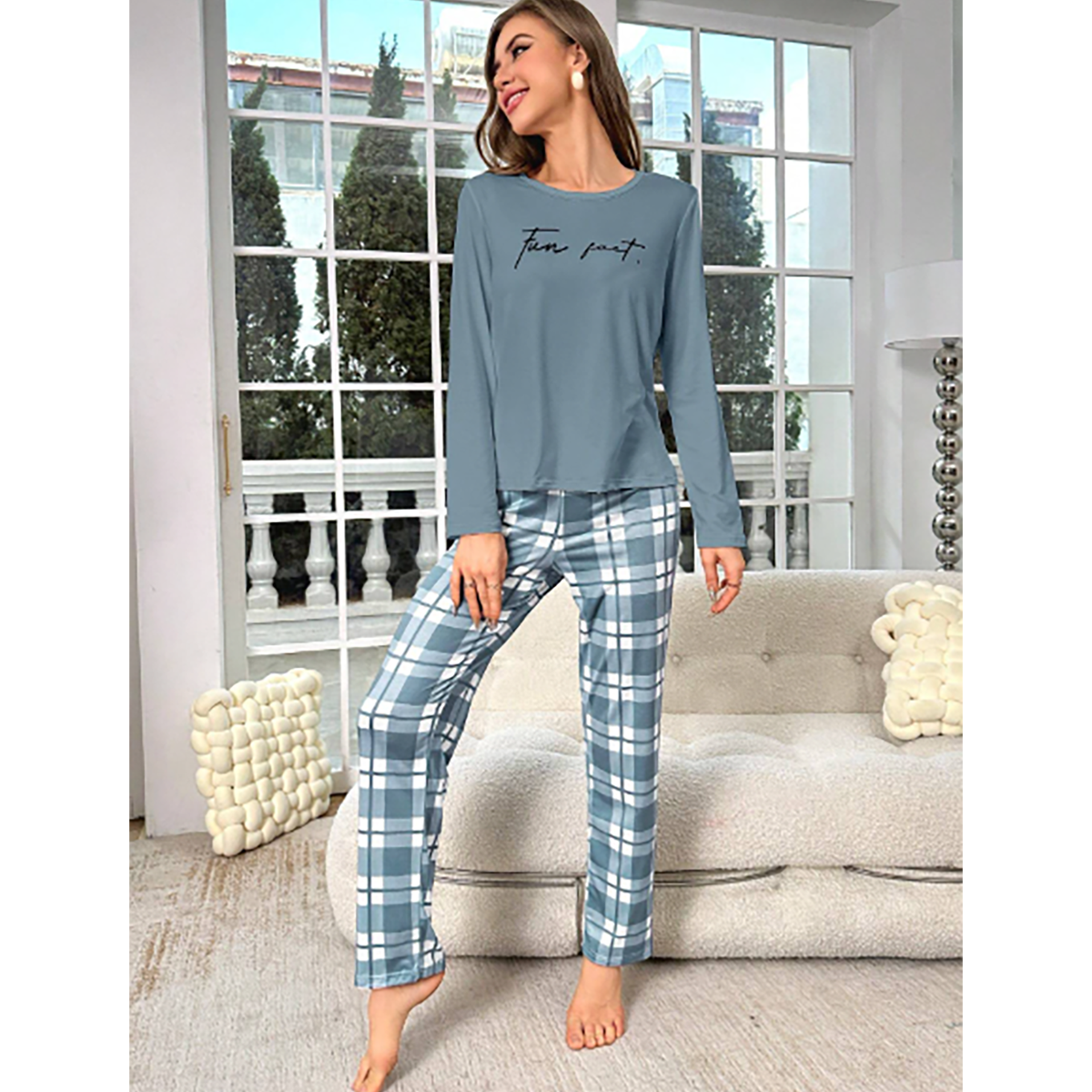 R-Shein - Long sleeve plaid trouser pajama set with letter print