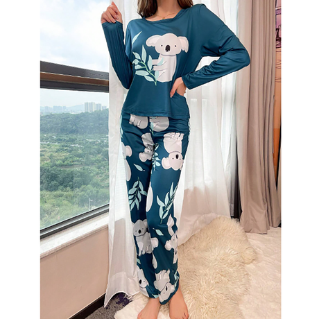 R-Shein - Cute koala print long-sleeved pajama set with shorts