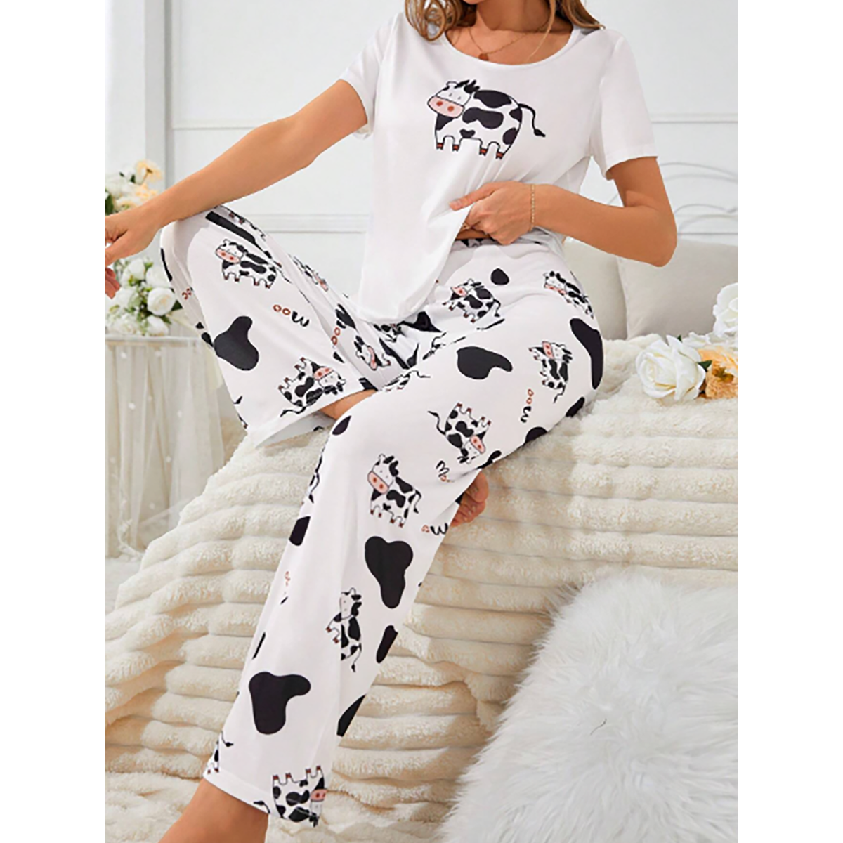 R-Shein - CoupledUp Cartoon Cow Pattern Pajama Set from Code Standard for Women