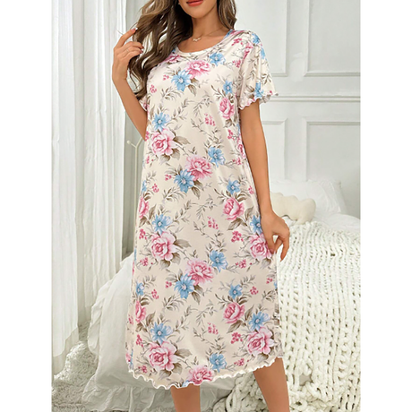 R-Shein - Floral print crew neck short sleeve pajama nightgown