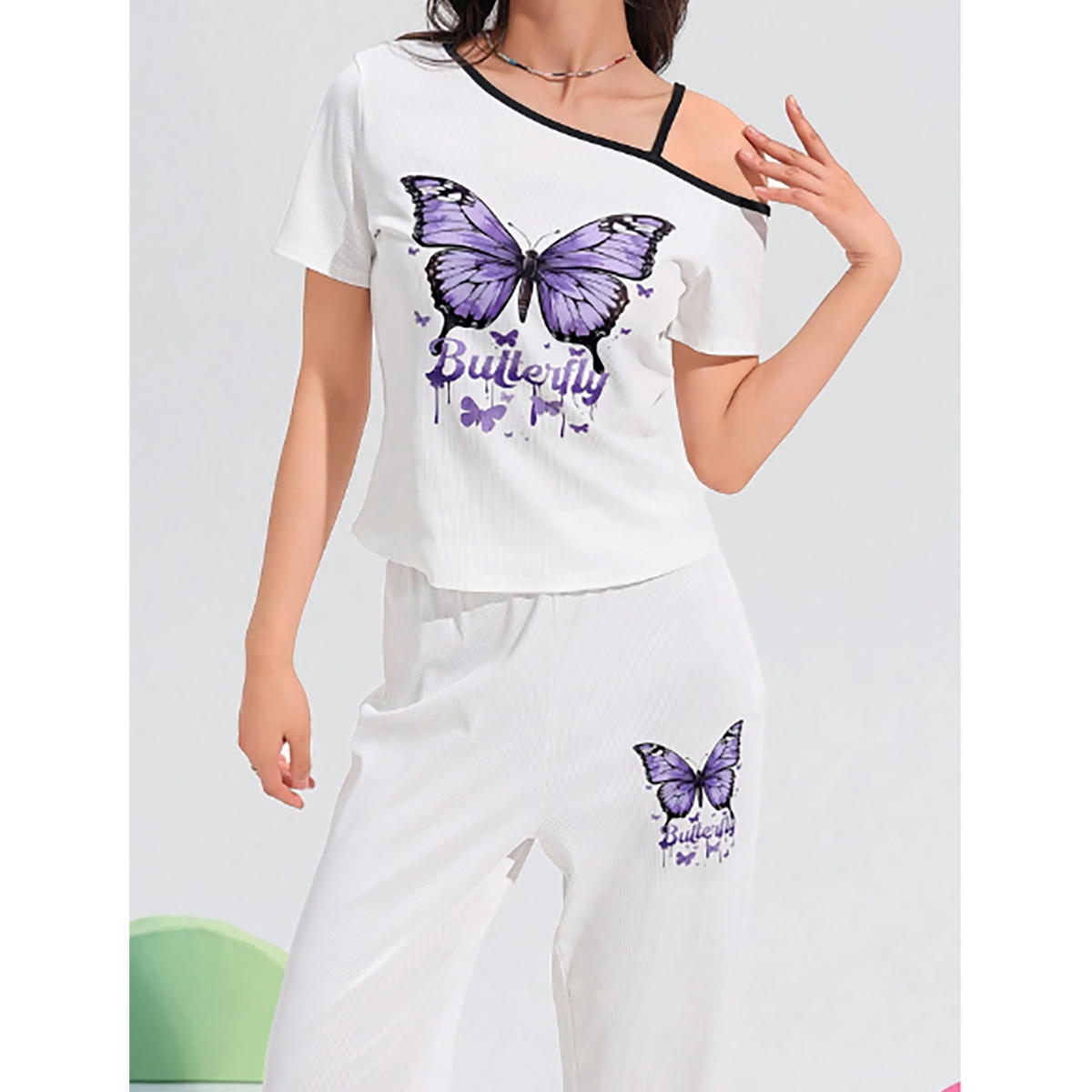 R-Shein - Chillnights Women's Butterfly Print Casual Pajama Set