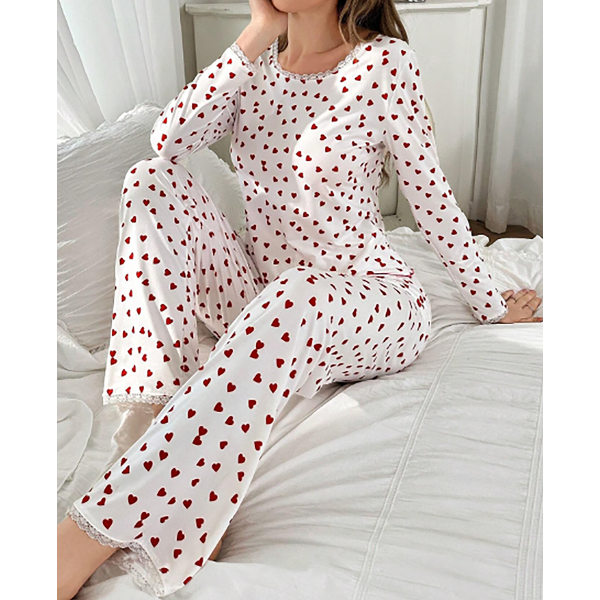 R-Shein - Women's sleep set with lace veil and sweetheart style with long sleeves and pants
