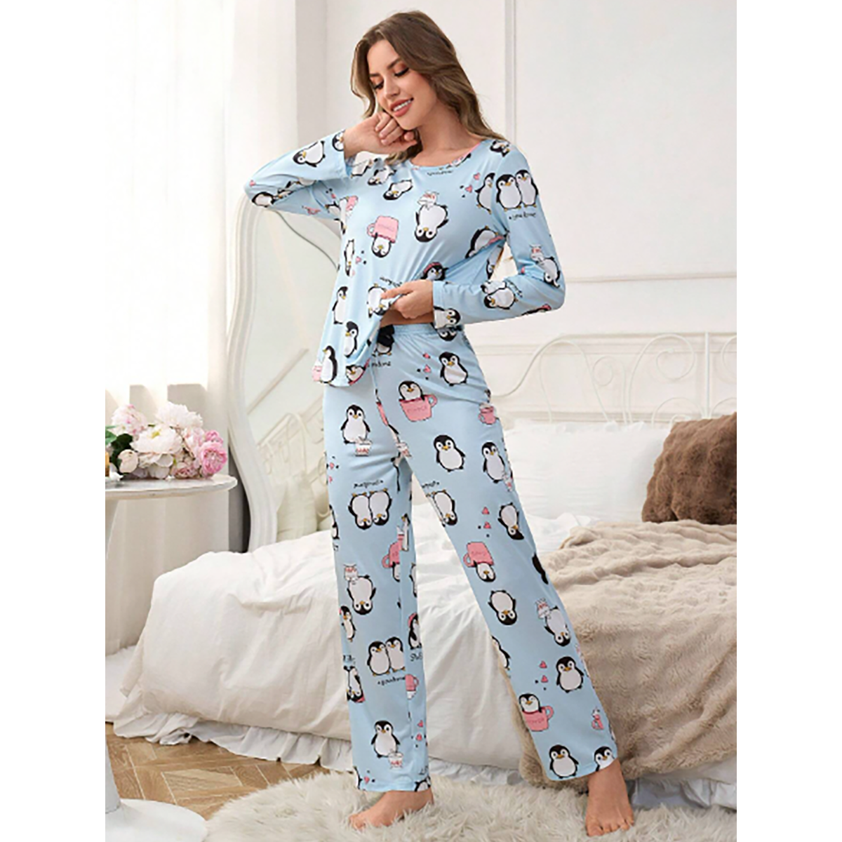 R-Shein - Set of  women's digital printed milk silk pajamas
