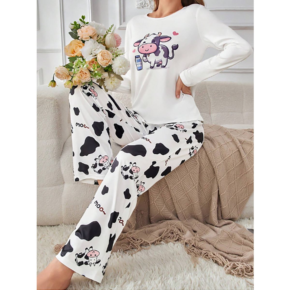 R-Shein - Women's sweet cow print pajamas, long sleeve and long pants, perfect for fall