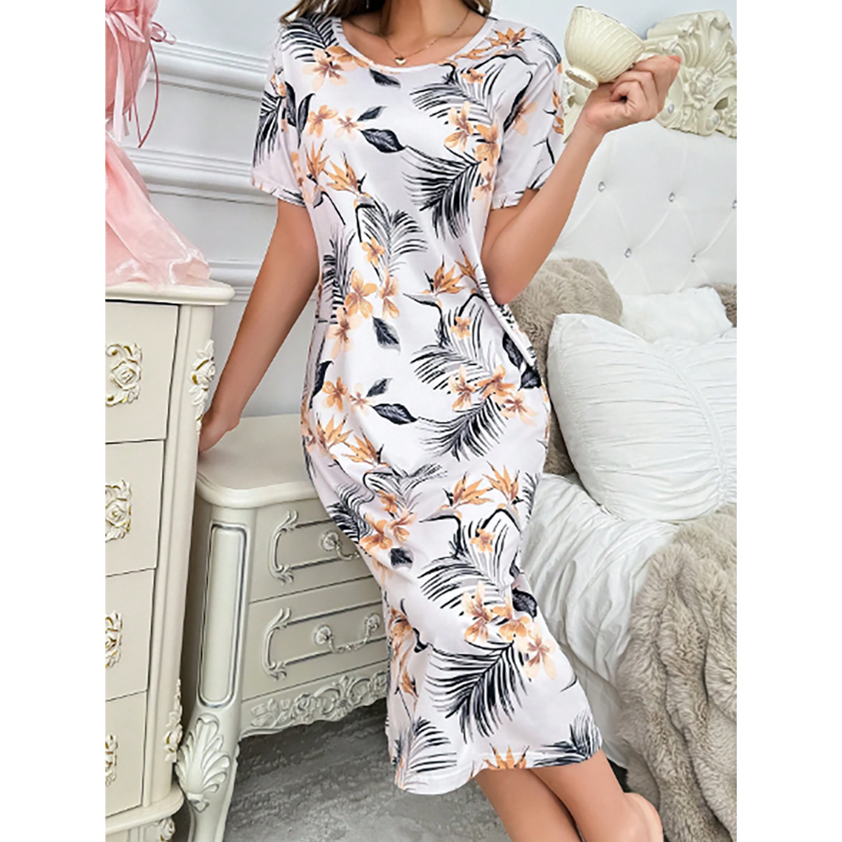 R-Shein - Casual Short Sleeve O-Neck Floral Print Long Nightgown