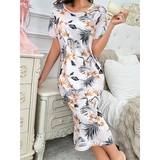 R-Shein - Casual Short Sleeve O-Neck Floral Print Long Nightgown