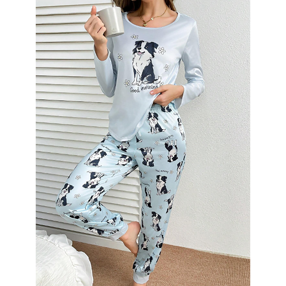 R-Shein - Women's Pajama Set Printed with Cute Border Collie Dog Pattern