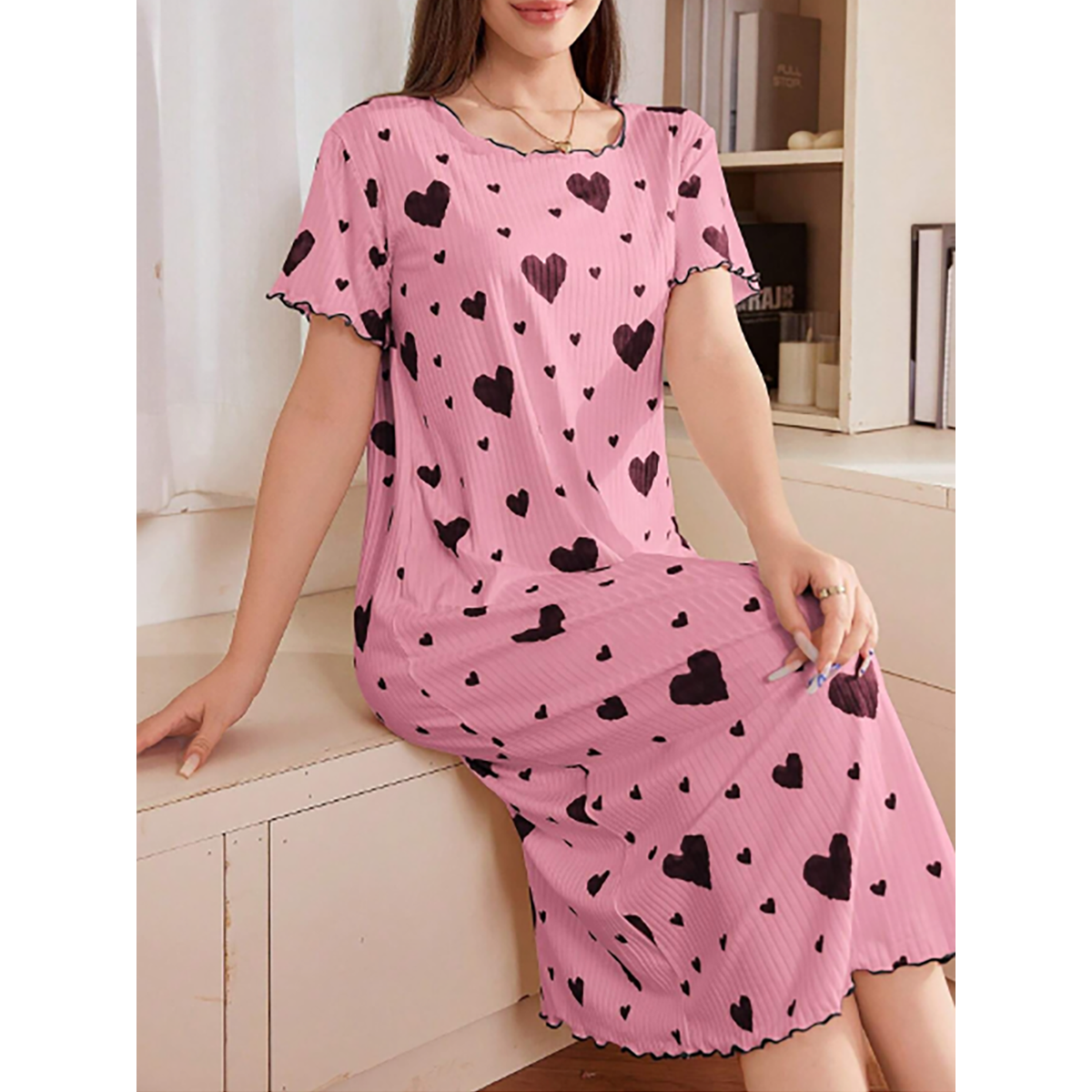 R-Shein - Dream Adore short-sleeved nightgown with hearts print
