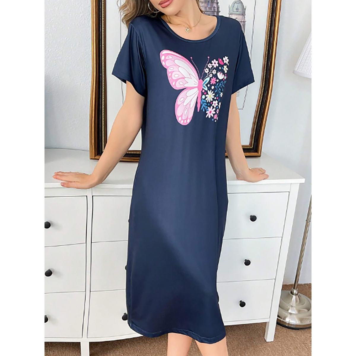 R-Shein - Women's long nightgown printed with beautiful butterfly design