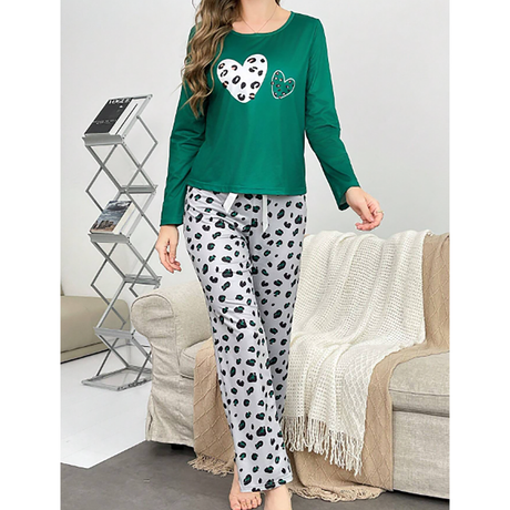 R-Shein - Women's pajama set with pants and top, long sleeve crew neck, tiger heart print