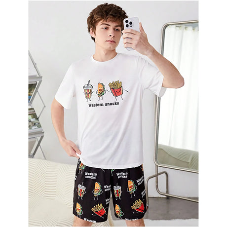 Shein -  Knitted Homewear Set for Teens, Crew Neck Short Sleeve T-Shirt with Sweet Potato and Letter Print and Shorts