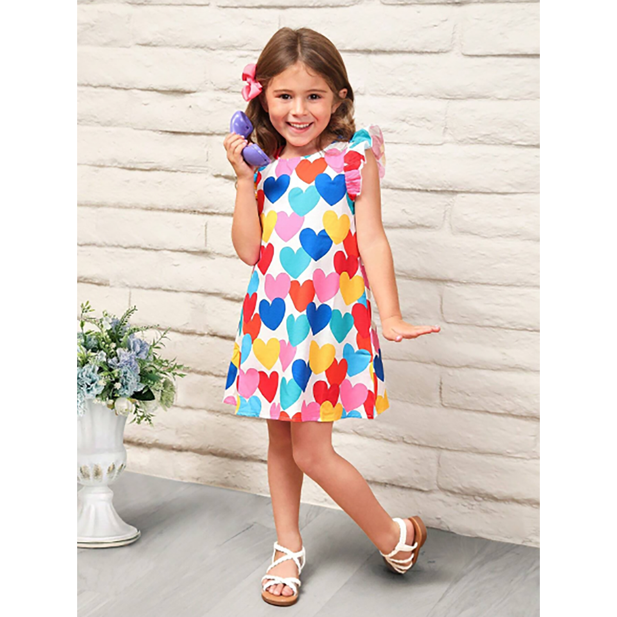 R-Shein - Little girl's casual loose-fitting halter neck and sleeve dress with knitted heart print