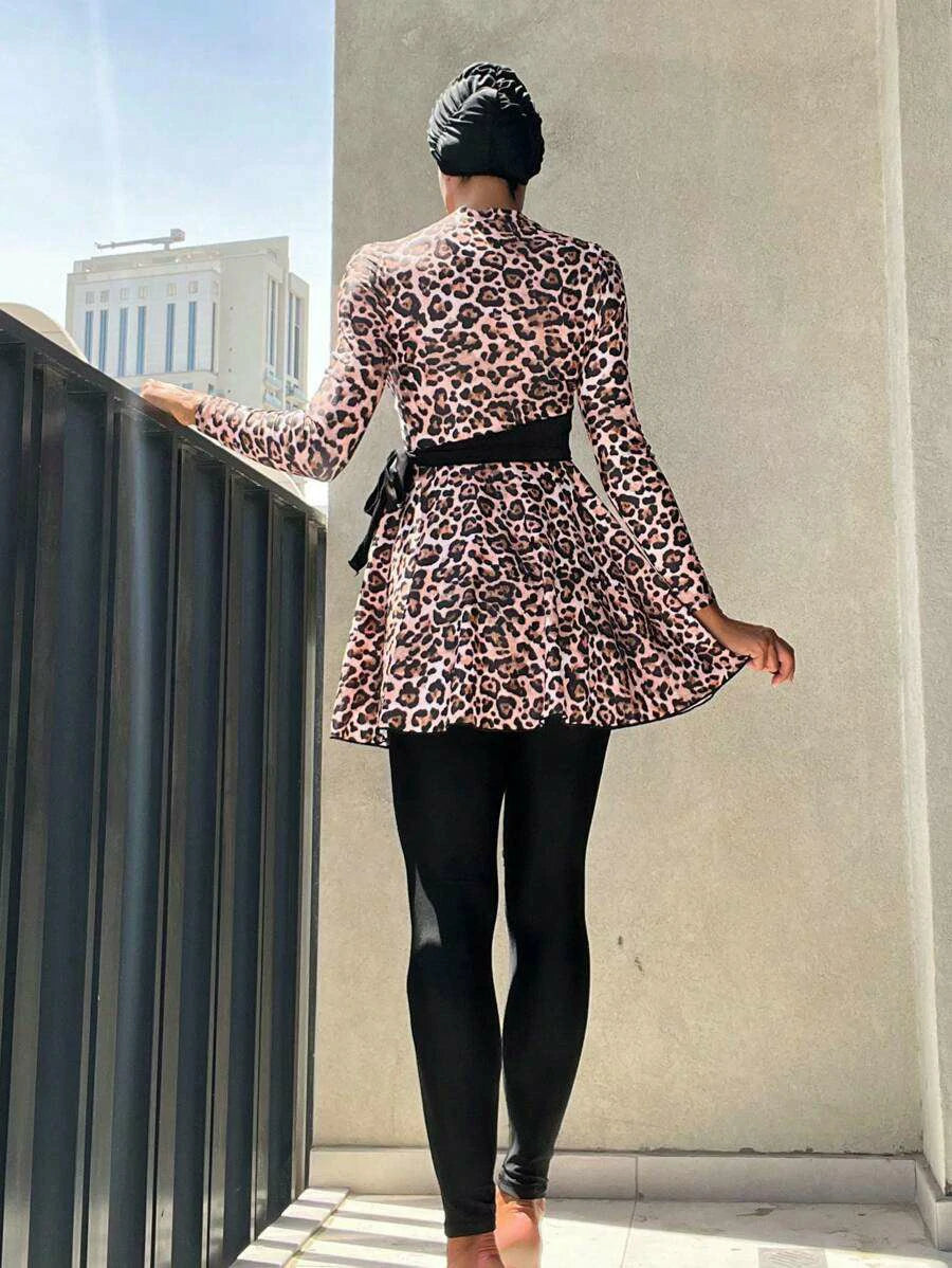Shein - Leopard Print Long Sleeve Swim Shirt & Leggings Full Body Bikini Swimsuit With Cap