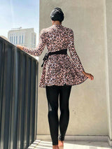 Shein - Leopard Print Long Sleeve Swim Shirt & Leggings Full Body Bikini Swimsuit With Cap