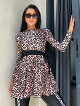 Shein - Leopard Print Long Sleeve Swim Shirt & Leggings Full Body Bikini Swimsuit With Cap